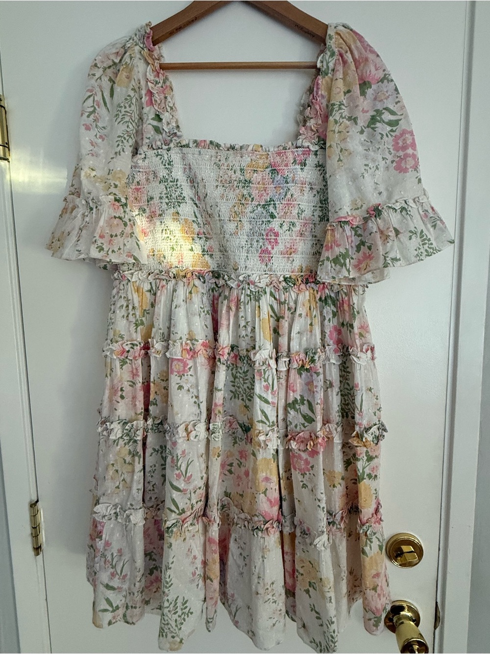 Anthropologie Needle & Thread Floral Smocked Tiered Dress in Pink, Yellow & Gree